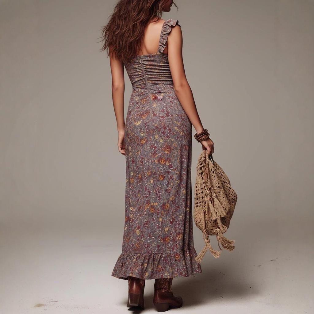 Style Retro Print Waist High Split Long Dress Slim and Thin Bohemian, Elastic Dress