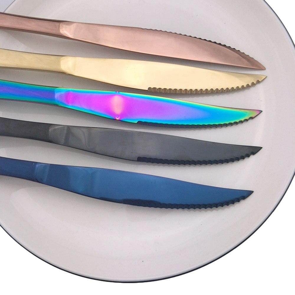 6pcs Matte Colorful Stainless Steel Satin Finish Cutlery Set Rainbow Rose Sharp Dinner Steak Knife Dinnerware Set Table Knives Silverware Set