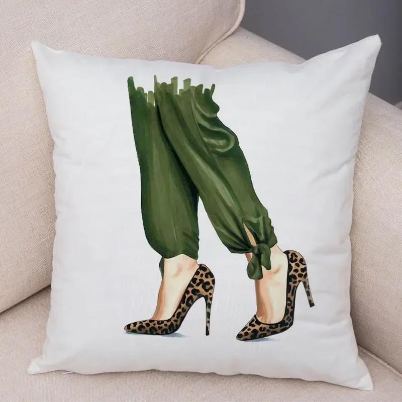 Lady High Heel Shoes Print Cushion Cover for Car Sofa Home Super Soft Short Plush Pillow Case Decor Cartoon Pillowcase 45*45 Cm