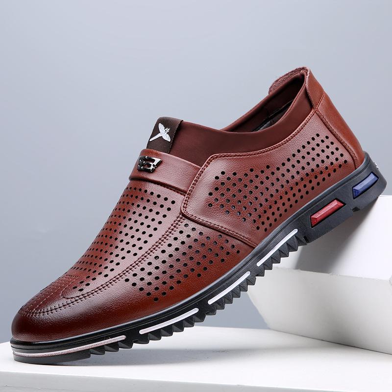 

Летние мужские сандалии с круглым носком из дышащей кожи, повседневная обувь, универсальные мужские туфли из полой кожи, обувь для людей среднего и пожилого возраста с отверстиями 44