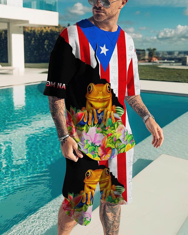 European and American summer new 3D digital print men's fashion casual set, T-shirt and shorts set