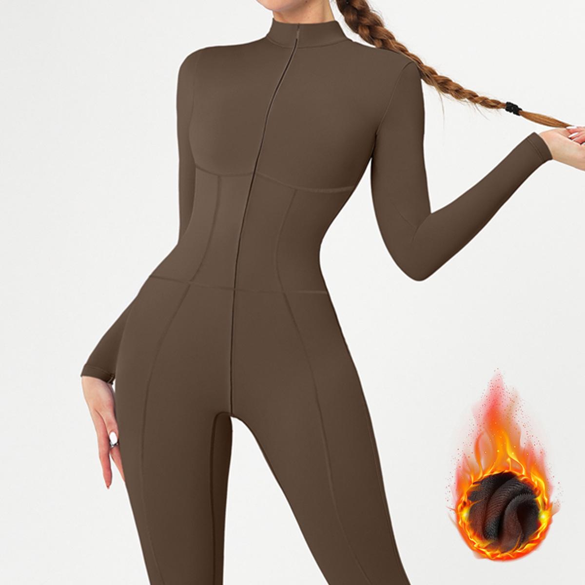 Warmer Samt-Yoga-Jumpsuit mit Stehkragen und Reißverschluss - Langarm Outdoor-Fitnessbekleidung 5050 Small gray