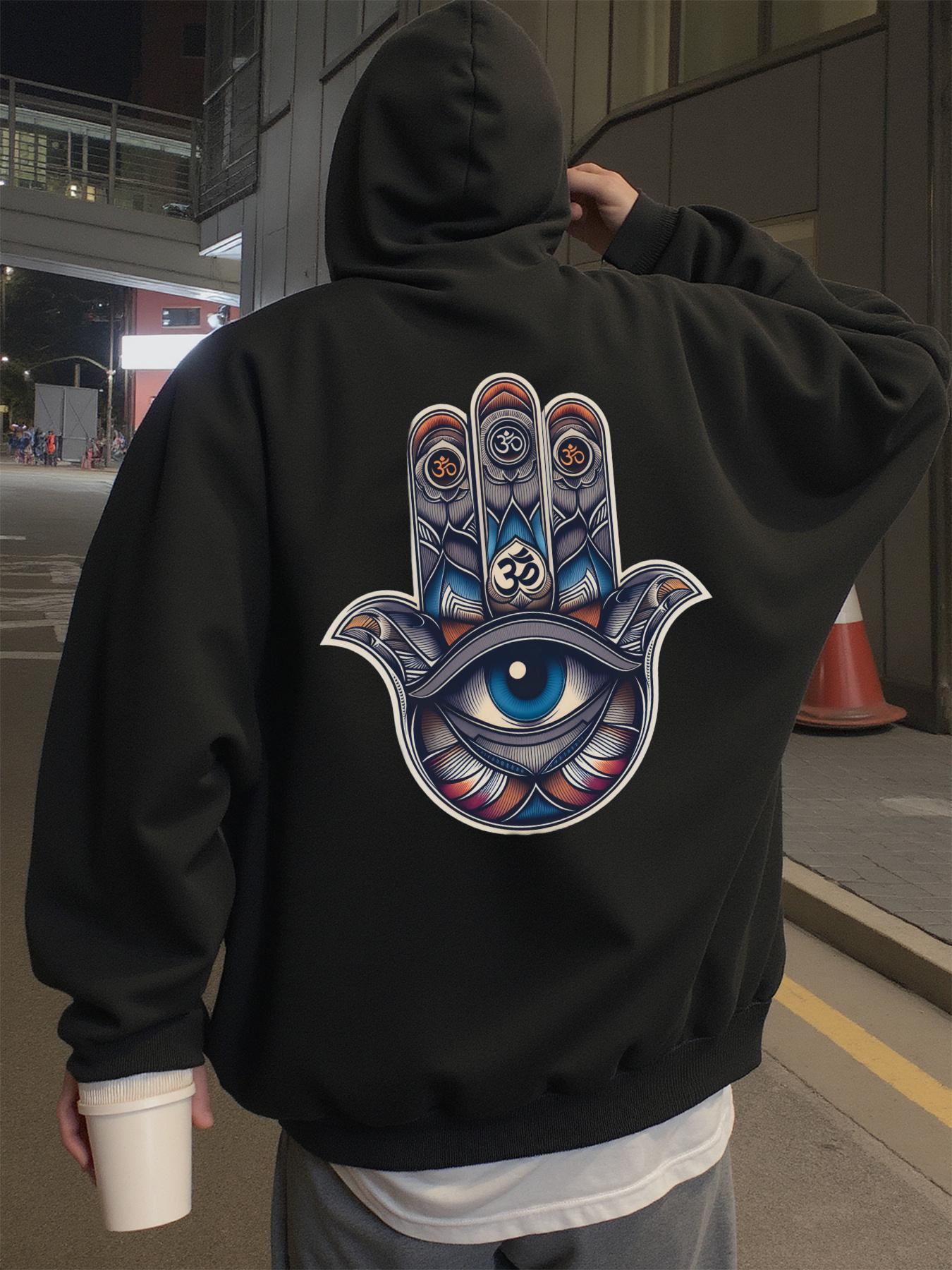 

Мужское худи - Черная толстовка с капюшоном с дизайном руки Хамсы и Ока Провидения, Теплый зимний пуловер на каждый день 3XL
