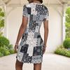 Women Plus Size Round Neck Short Sleeve Patchwork Printed Fitted Mini Dress Black White Grey