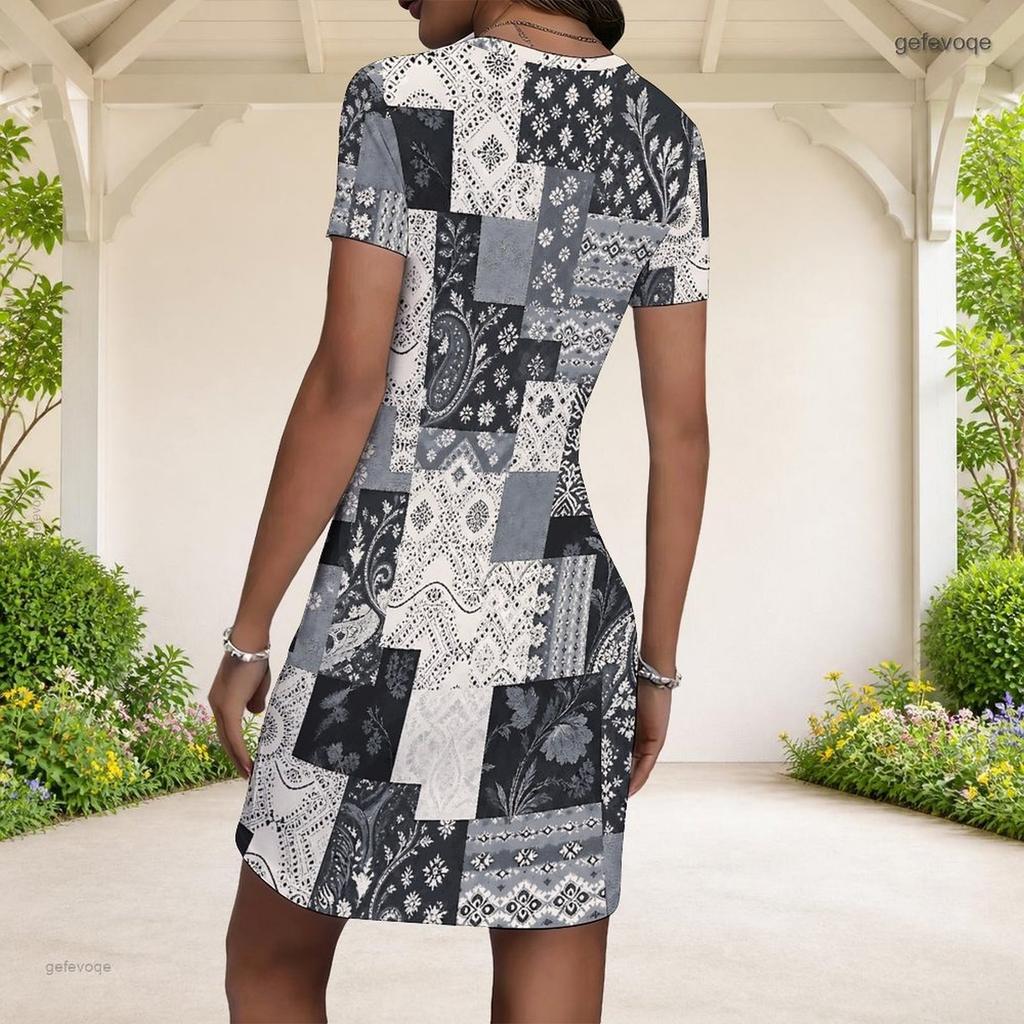 Women Plus Size Round Neck Short Sleeve Patchwork Printed Fitted Mini Dress Black White Grey