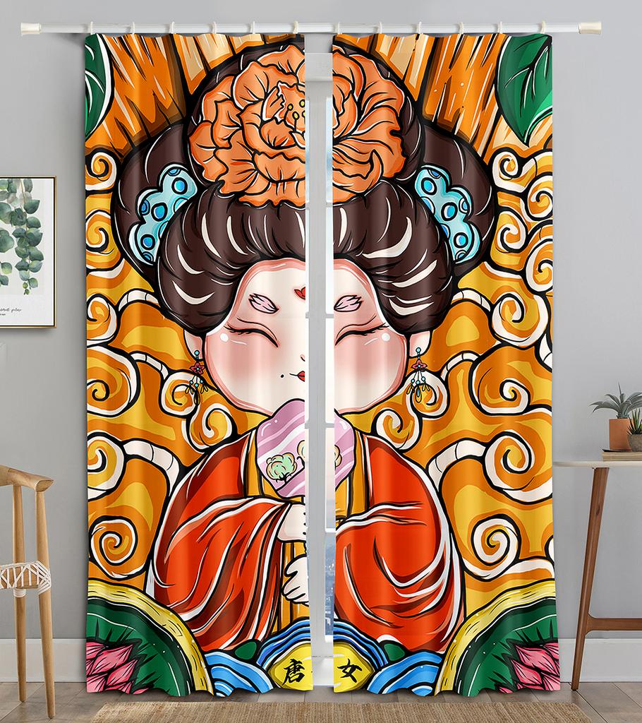 Chinese Animated Maid TraditionalOpera Blackout Window Panel Curtain Living Room Room Bedroom Bathroom Kicthen Door Cupboard Decor Hooks