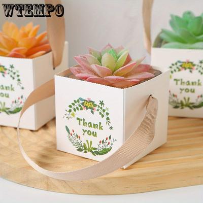 30pcs Gift Bags with Ribbon Handle Square Succulent Bag Gift Succulents Wraps Bags Thank You Bags for Succulents Pots Plants Paper Baskets Plants Box