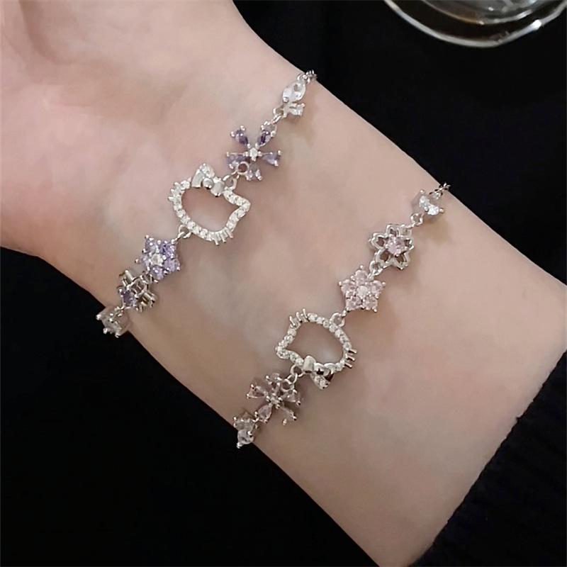 Peach Full Diamond Zircon Hollow Cat Cartoon Bracelet Light Luxury Niche Exquisite High Value Student Party Birthday Gift