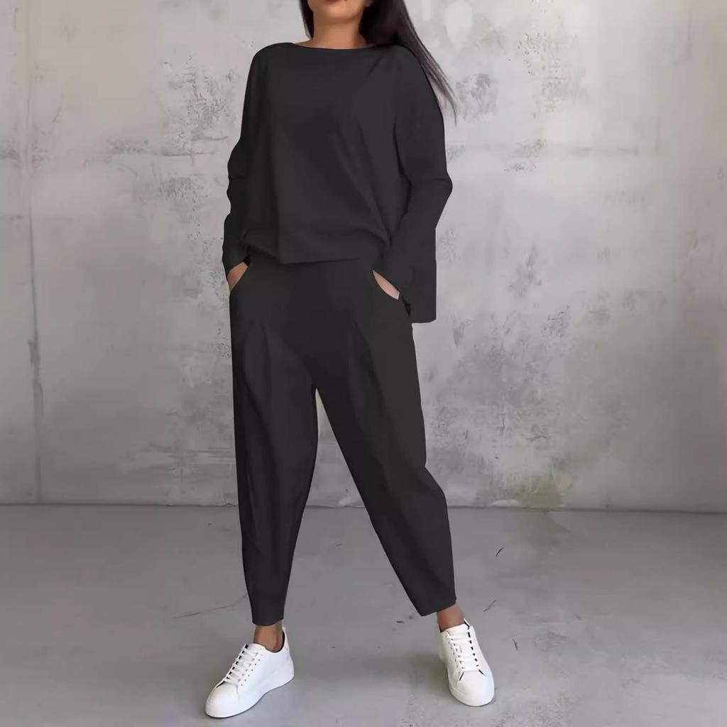 2025 Women's Solid Color Round Neck Long-Sleeve Top and Pocket Pants Suit