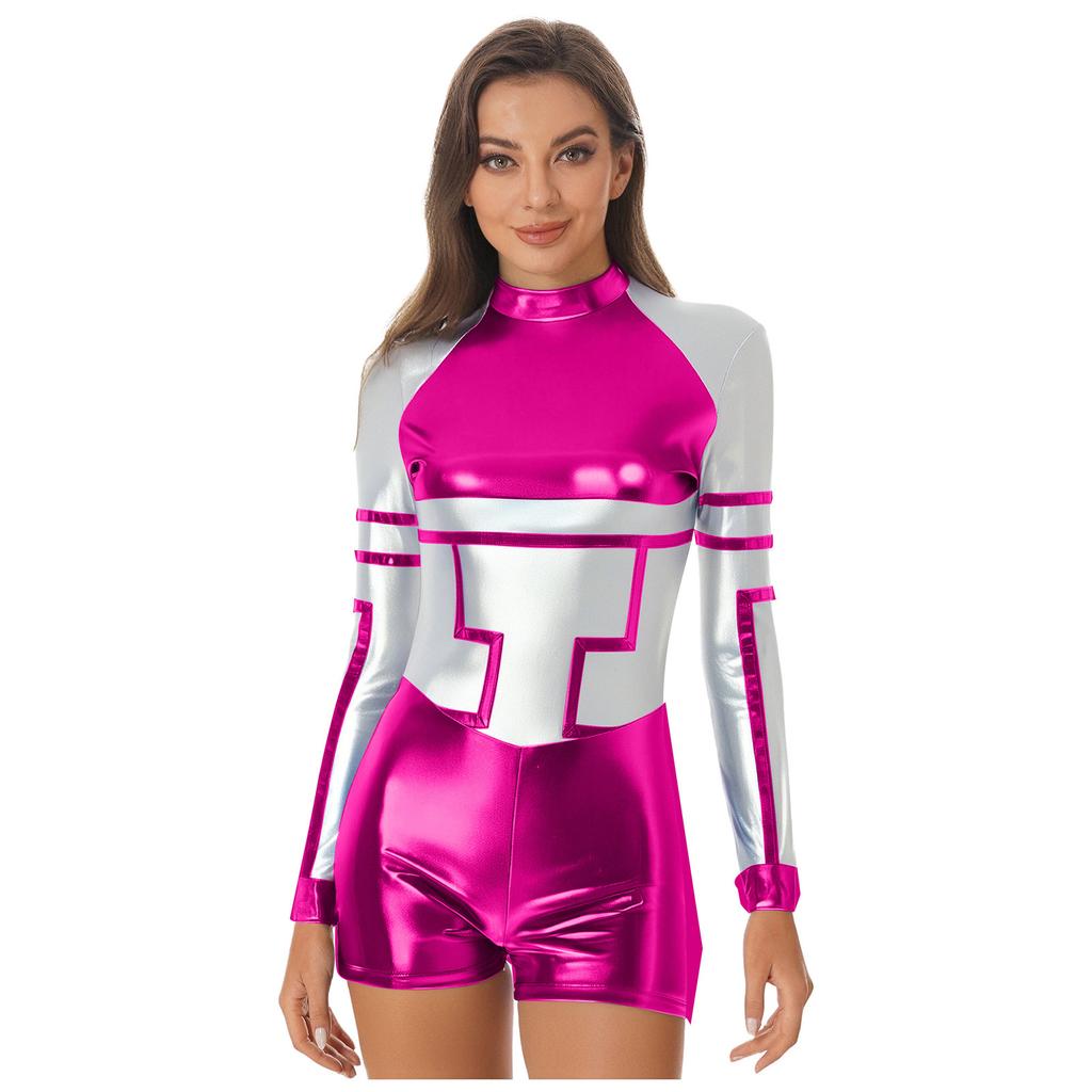 S-3XL Ladies Space Party Jumpsuit Alien Robot Design Metallic Shiny Contrast Color Long Sleeve Back Zipper Bodysuit for Halloween Cosplay