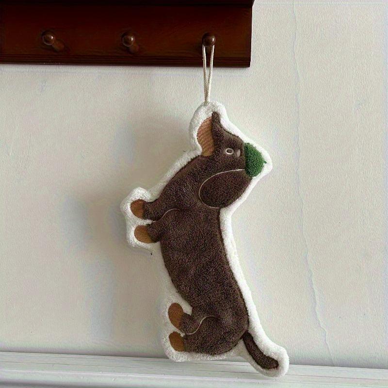 1pc Modern Embroidered Dachshund Hand Towel Super Absorbent Coral Fleece Bath Towel with Cute Cartoon Dog Face Green Hat Design