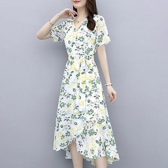 Květinové šaty pro ženy Výstřih do V Krátký rukáv Splývavé Zavinovací Midi šaty Volány Nepravidelný lem Áčkový střih Plážové Prázdninové šaty