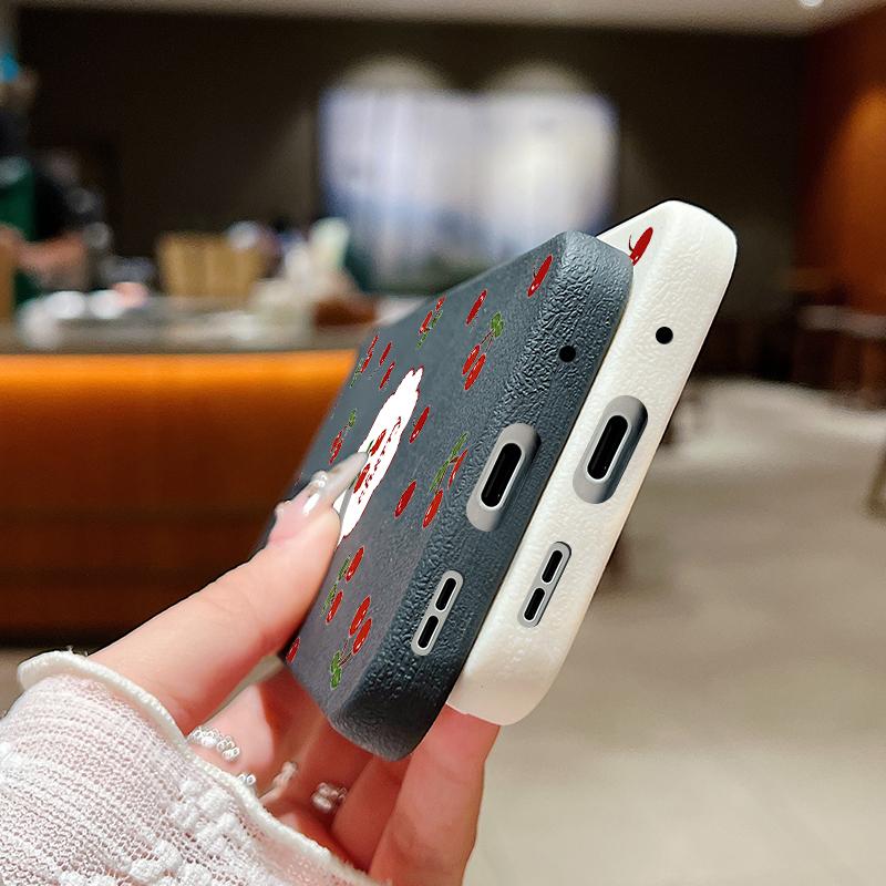 Cute Cherry Print Slim TPU Leather Texture Case For Xiaomi 13T Poco X6 Redmi Note 14 Pro 13 12 11 Soft Matte Shockproof Lens Protection Phone Cover