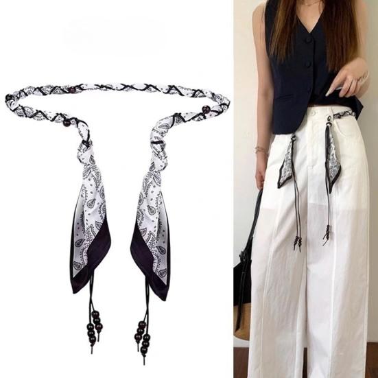Retro Silky Scarf Jeans Belt Handcrafted Sustainable Waxed Cotton Rope Belt with Natural Wood Beads