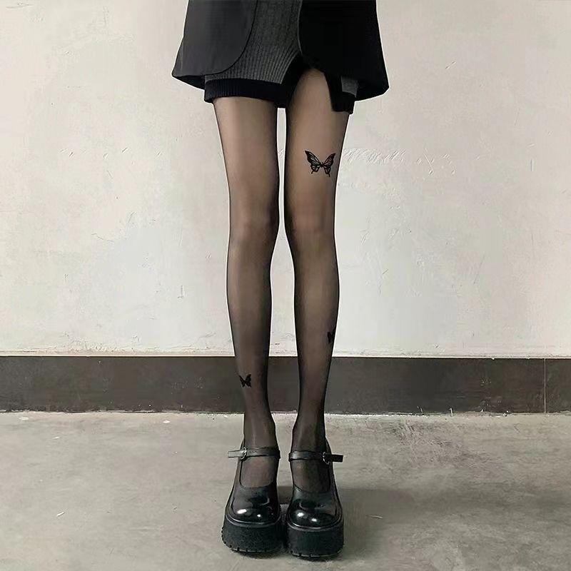 Y2K Butterfly Print Transparent Silk Pantyhose For Women Vintage Ultra-Thin High Stockings Nylon Tights Legging Lolita Girl Scok