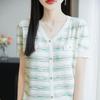 Summer Thin V-neck Short Sleeved Cardigan T-shirt for Women Slim Knitted T-shirt
