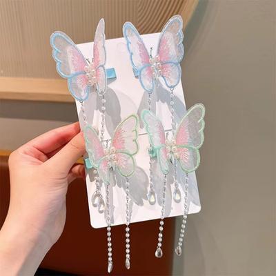 1 Pair Ancient Clothing Fabric Butterfly Hairpin Children's Chinese Style Shaking Tassel Super Immortal Ancient Pair Color Duckbill
