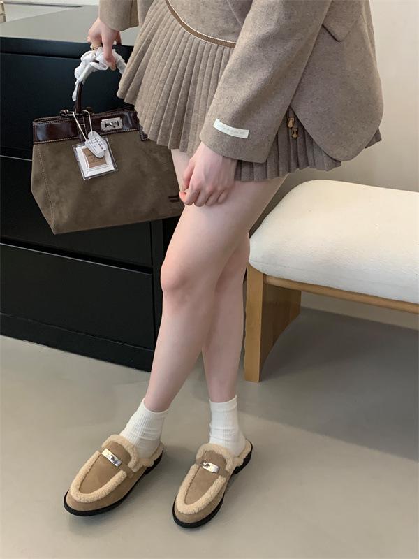 2024 Autumn/Winter Women's Fur-Lined Gold Lock Thick Heel Half Slippers