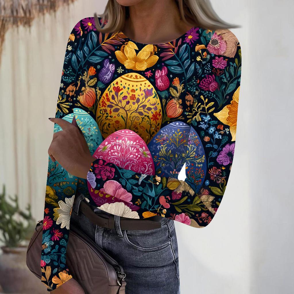Women's Casual Fashion Round Neck Easter Print Long Sleeve Strip Top