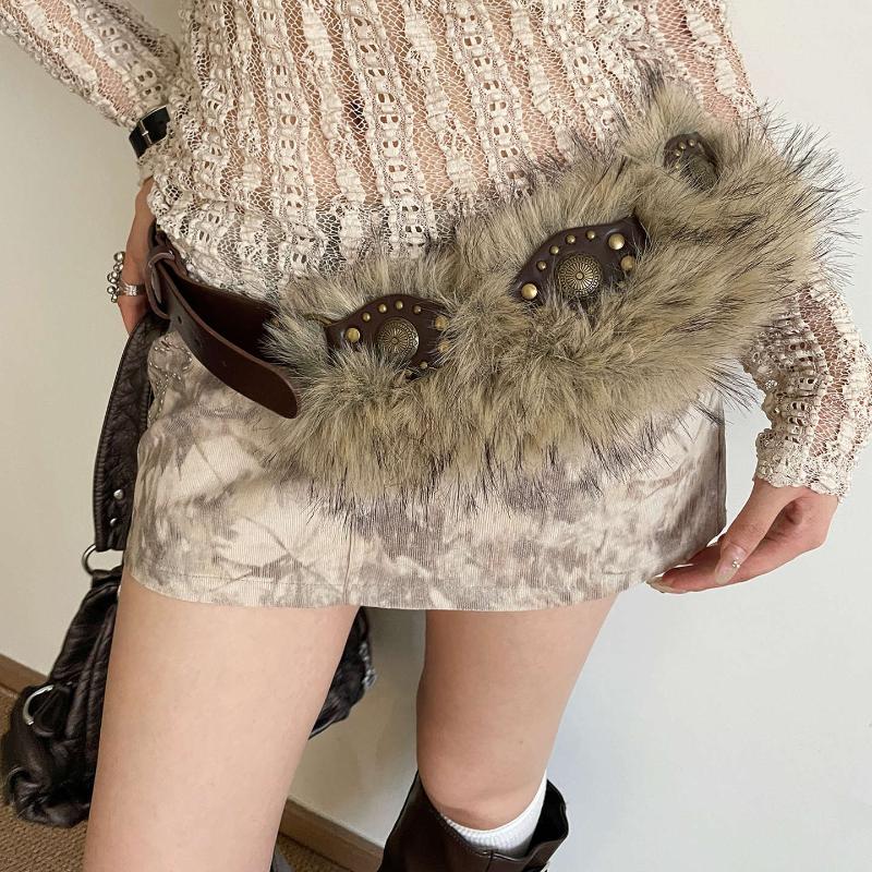 1pcs PU Studded Leather Fur Belt Faux Fur Spicy Girl Style Furry Waistband Korean Style Jeans Decor Y2K Waistband