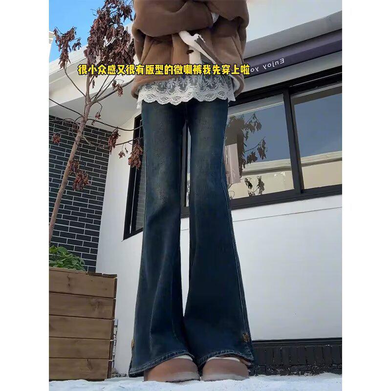 Retro Blue High Waist Stretch Flare Jeans for Women - Plus Size, Slimming, Hip-Covering, Autumn Fashion.
