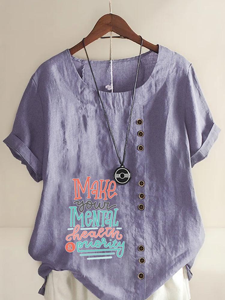 Women's Fashion Multi-color Letters Print Round Neck Short Sleeve T-shirt Summer Casual Cotton Linen Graphic Shirt Leisure Loose Blouse Tops