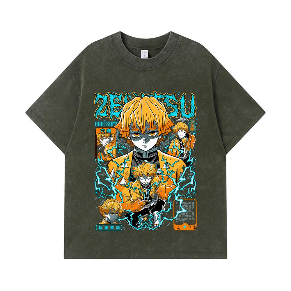 

275 GSM Washed T-shirts 100% Cotton Demon Slayer V100 Zenitsu Print Unisex Heavy Cotton T Shirt S армия зеленый