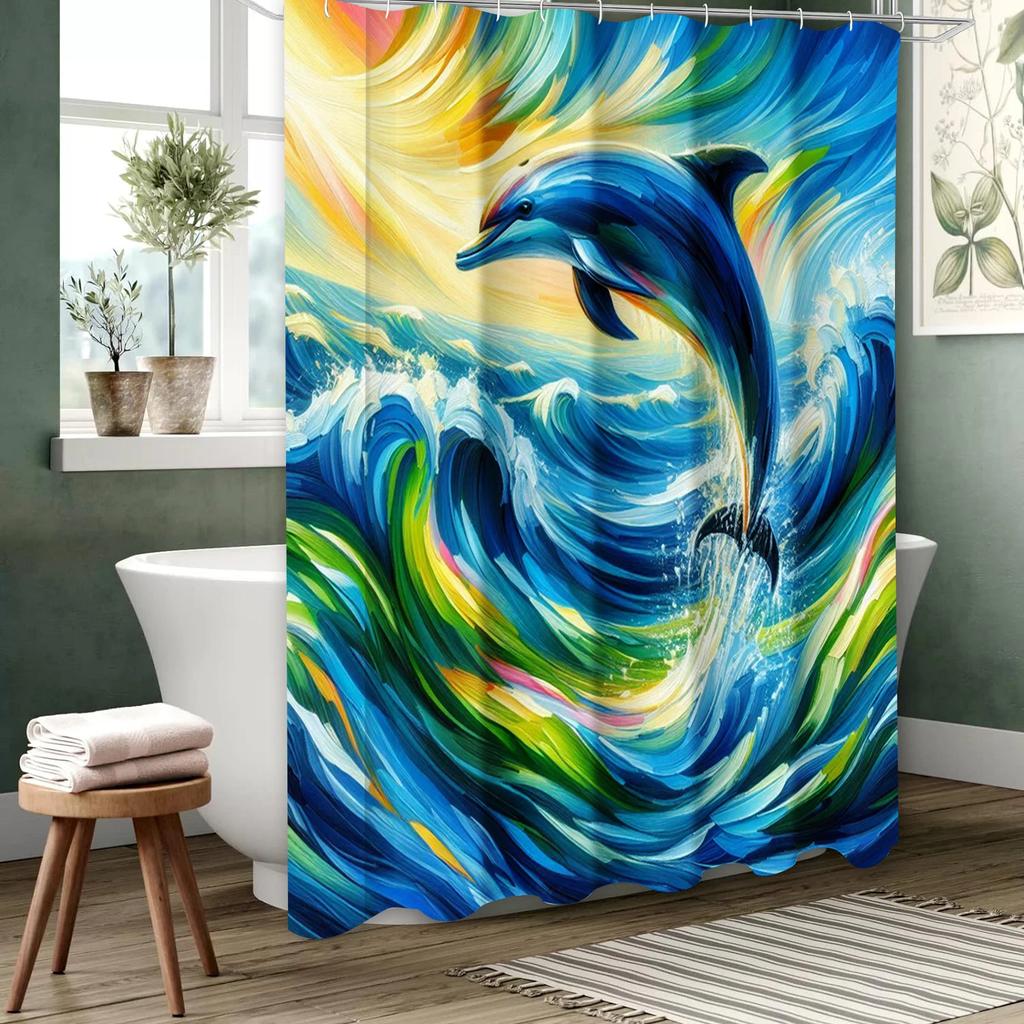 Dolphin Bathing Curtain  Bathroom Shower Curtain Waterproof With 12 Hooks Home Deco
