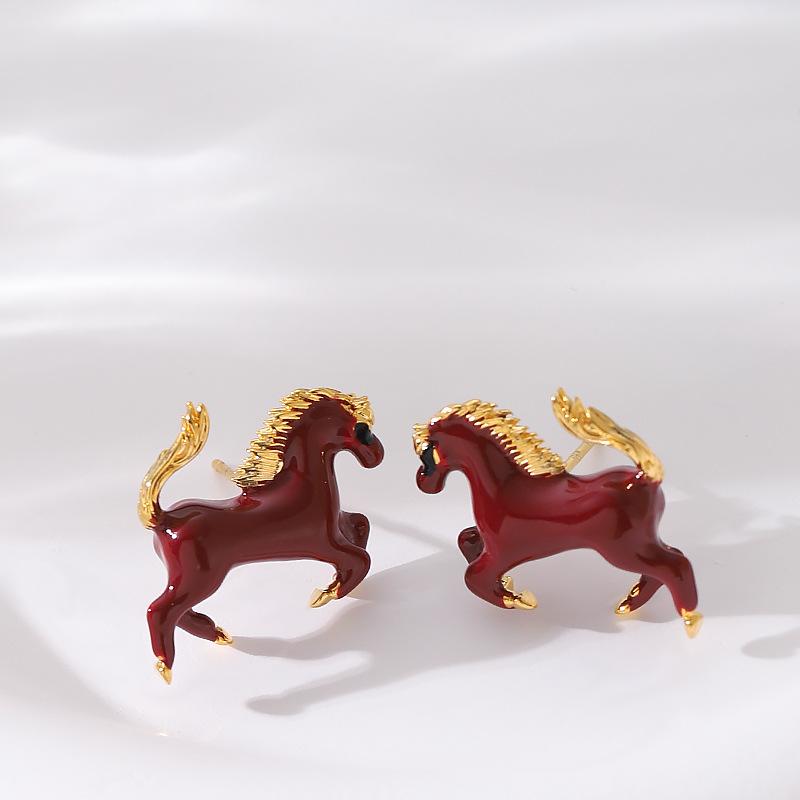 Guochao Personality Chinese Wind Dripping Oil Three-dimensional Zodiac Horse Stud Earrings Niche Design Horse To Success Earrings Commuter Earrings