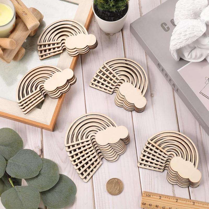 10PCS Rainbow Wood Cutout Unfinished Wooden Unfinished DIY Crafts Hanging Ornaments Cloud Discs Slices for Home DIY