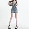Jugendlich und schlank machende A-Linien-Hosenröcke Retro Hohe Taille Halbrock Doppel-Schnallen-Design Paket Hüftrock Damen Sommermode Denim Kurzer Rock