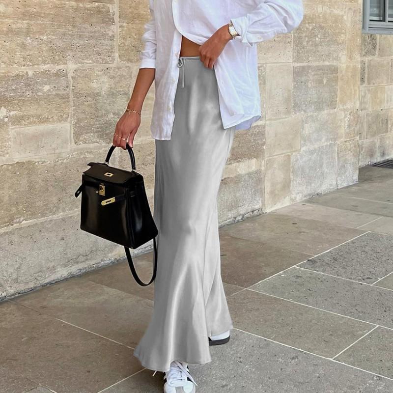 Matte Satin Mermaid Skirt Women French Style Tie Waist Long Length Office Wear
