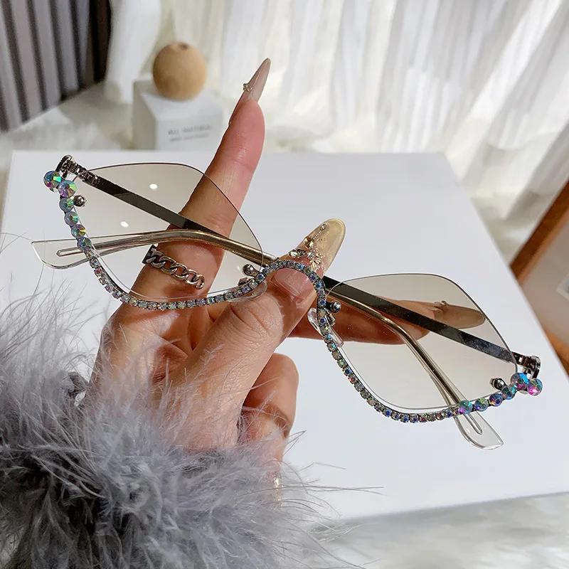 Diamond Vintage Brand Designer rhombus Sunglasses Women For Female Luxury Sun Glasses Punk Popular Half Frame Rhinestone Eyewear