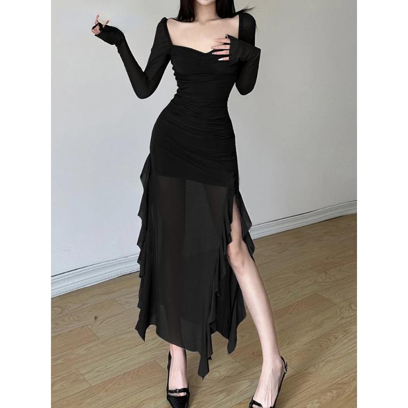 Sylcue Winter Party Queen Purple Mature Sexy Beautiful Confident Elegant Graceful Women'S Translucent Thin Straight Dress