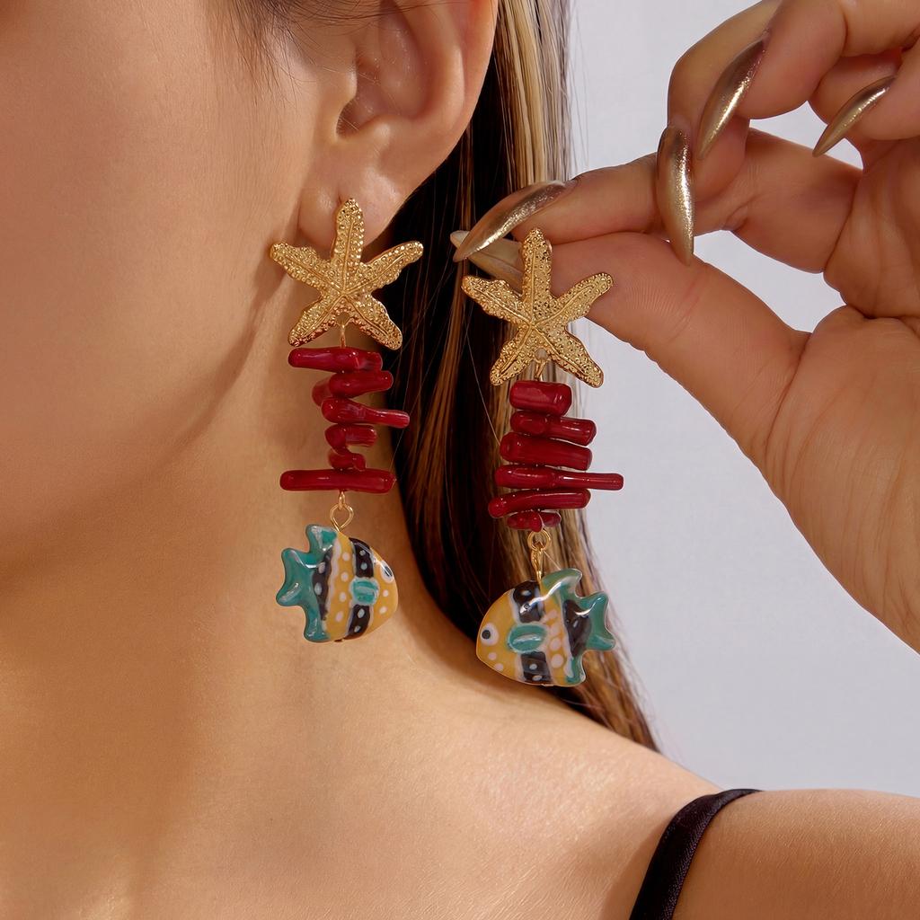 Dopamine Funny Painted Fish Drop Earrings for Women Colorful Starfish Faux Coral Dangle Summer Beach Vacation Jewelry Gift