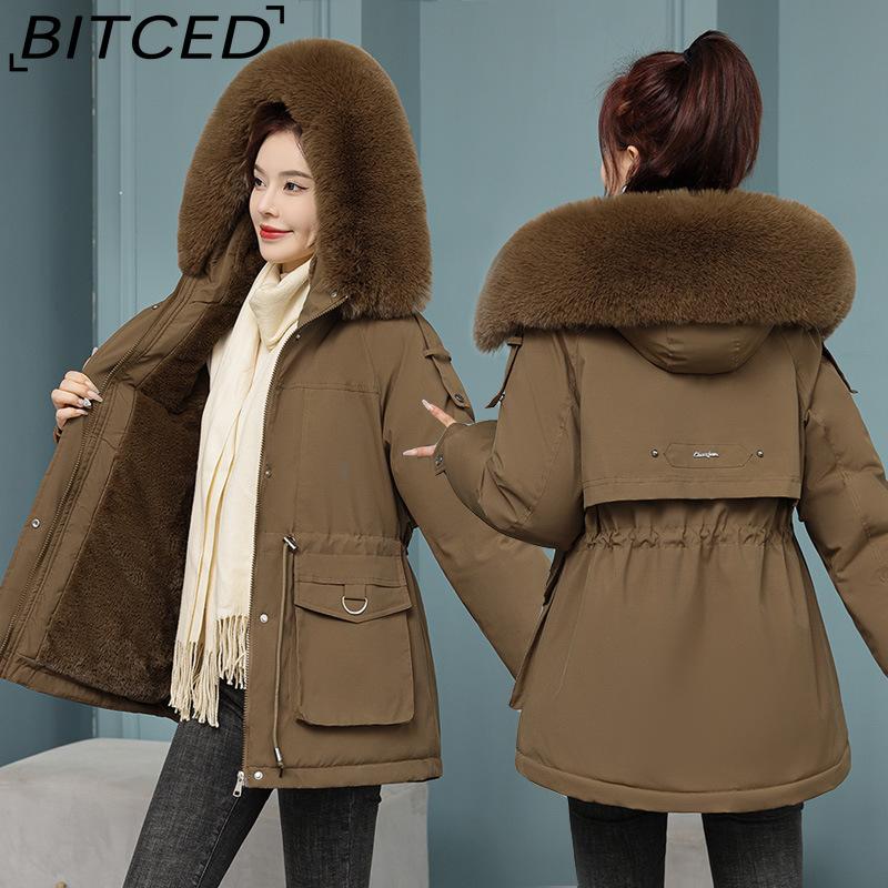 BITCED Women's Fleece-Lined Thickened Puffer Coat - Short Winter Style with Large Fur Collar, Slim-Fit and Flattering Cotton-Blend Outerwear