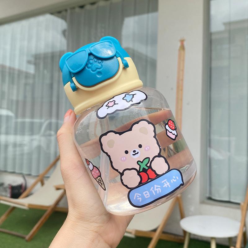 Water bottle high value cartoon plastic cup children portable cute cup strap straw cup [sticker model]