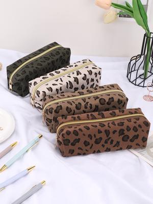1pc Corduroy Pencil Case with a Leopard Print Design, Smooth Zipper, Durable and Easy To Clean, Scratch-resistant, Vintage Plush