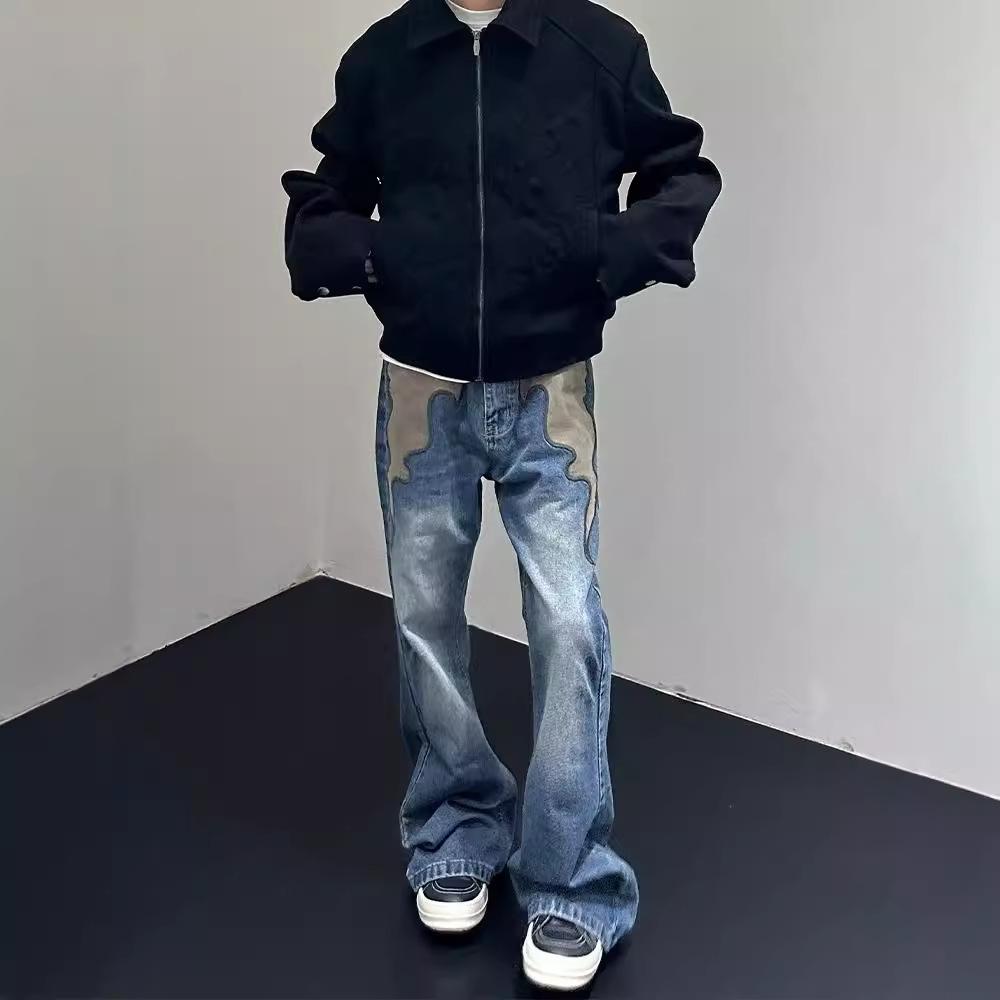 Джинсы клеш JYL для мужчин Американский тотем пламени Вымытый синий Узкие прямые Винтажные джинсовые брюки 2XL