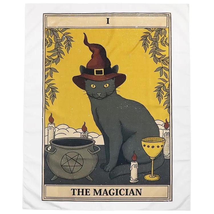 Silvari Wall Tapestry: The Magician Tarot Card with a Cat 75x100
