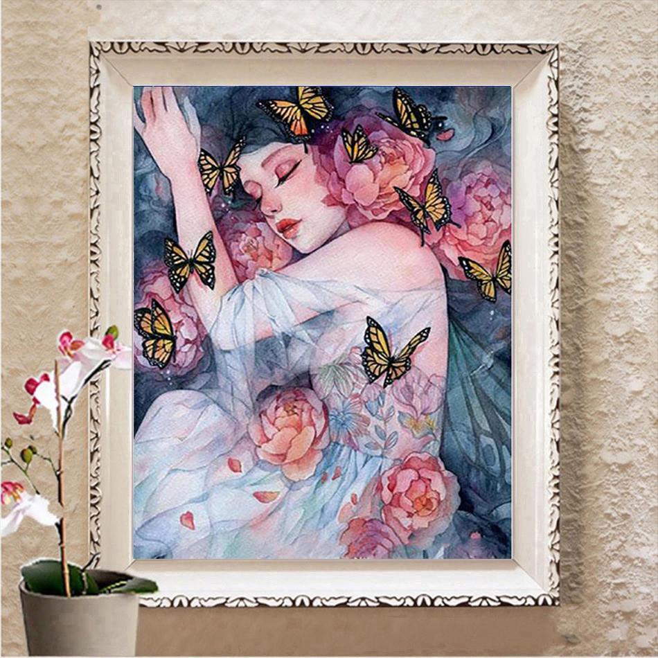 5D Full Square Diamond Painting Butterfly and Flower Kit Diamond Embroidery Girl Mosaic Door Art Rhinestone Home Decoration
