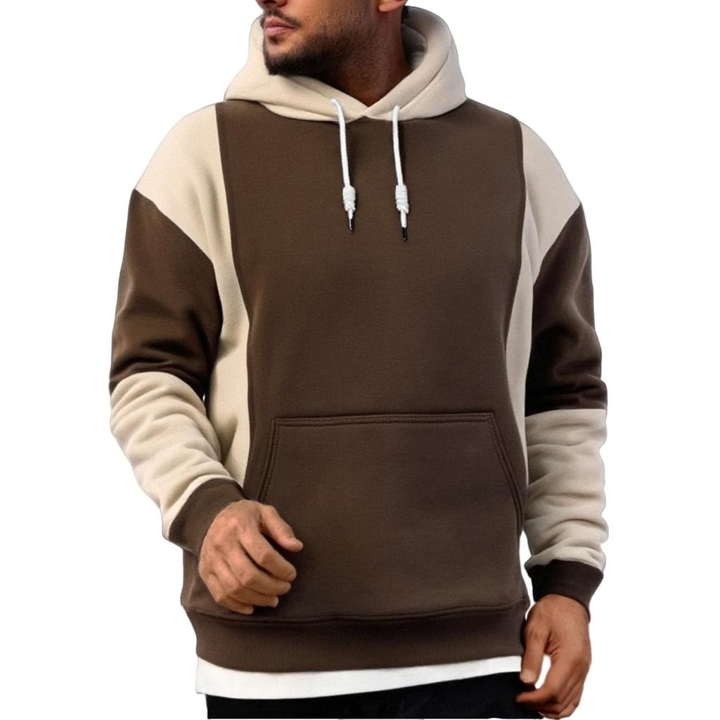 Men's Patchwork Color Block Long Sleeved Casual Hooded Sweatshirt