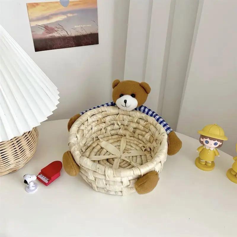 Cute Little Bear Hugging Weaving Storage Basket Woven Cosmetics Lipstick and Miscellaneous Items Storage Basket Desktop Decor