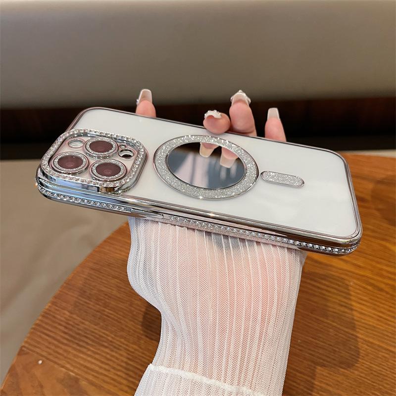 Applicable To Iphone17Pro Rhinestone Flash Powder Magnetic Suction Mobile Phone Case Mirror Apple 16 Luxury Transparent 15 Protective Case