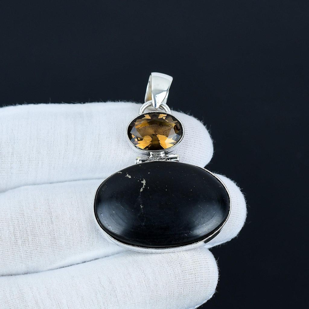 Black Obsidian & Smoky Topaz Gemstone Pendant, 925 Sterling Silver Jewelry, Silver Pendant, Antique Jewelry, Necklace Pendant For Love Gifts