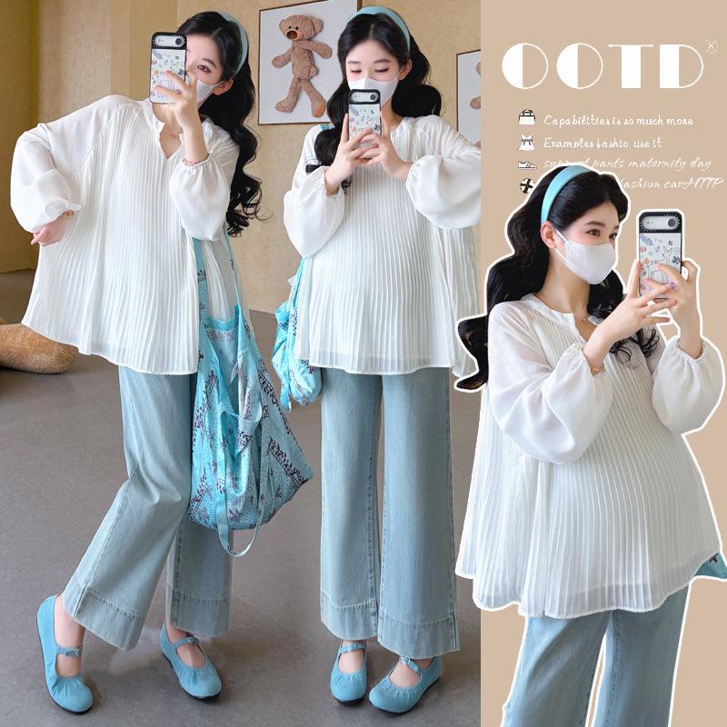 Spring 2026 Sweet Maternity V-Neck Ruffled Chiffon Doll Shirt - Korean Style, Loose Fit Belly-Covering Top XL