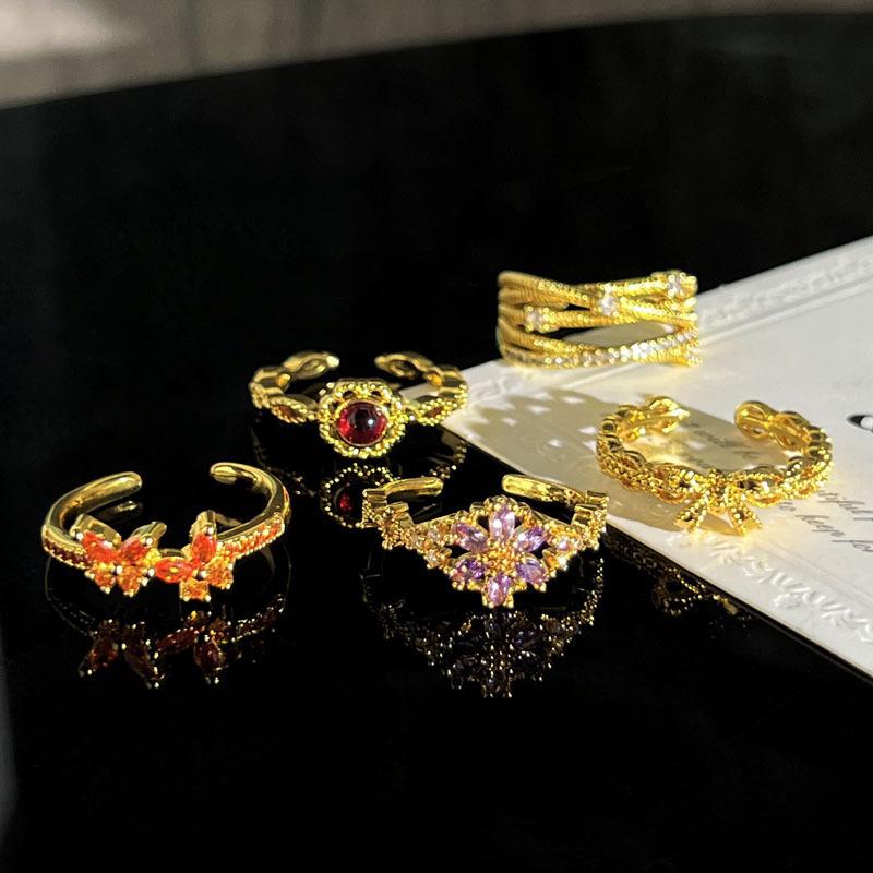 Retro Court Style Stacked Wearing Light Luxury Bow Open Ring Female Red Luan Golden Qi Flower Temperament Niche Index Finger Ring
