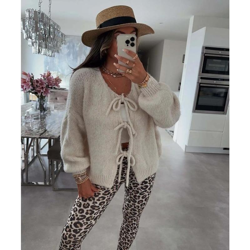 Solid Color O-neck Lace-up Knitted Cardigan Women Autumn Winter Streetwear Casual Simplicity Sweater Coats