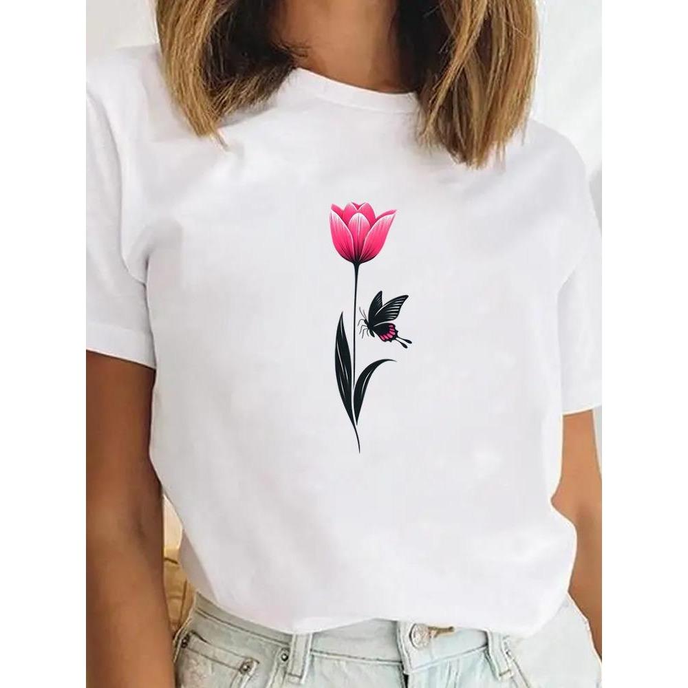 Fashion Graphic Tee Sweet Trend Flower Cute Clothes Clothing for Women Female Casual Top Print T-shirts