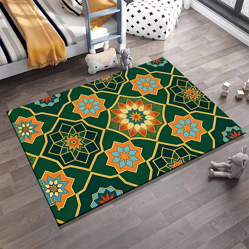 Geometric Pattern Carpet with Vibrant Floral Design In Green and Gold Suitable for Use As an Anti-slip for Living Room Bedroom Sofas